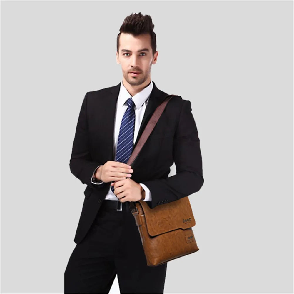 JEEP BULUO Men Bag Famous Brand 2 Pcs Set Man Leather Messenger Shouder Bag Business Travelling Bags Male Tote Cross Body Bags