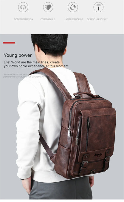 JEEP BULUO Leather Men Backpack Design Luxury Business Male 15.6" Laptop Bag Fashion Large Capacity Travel College School Bag