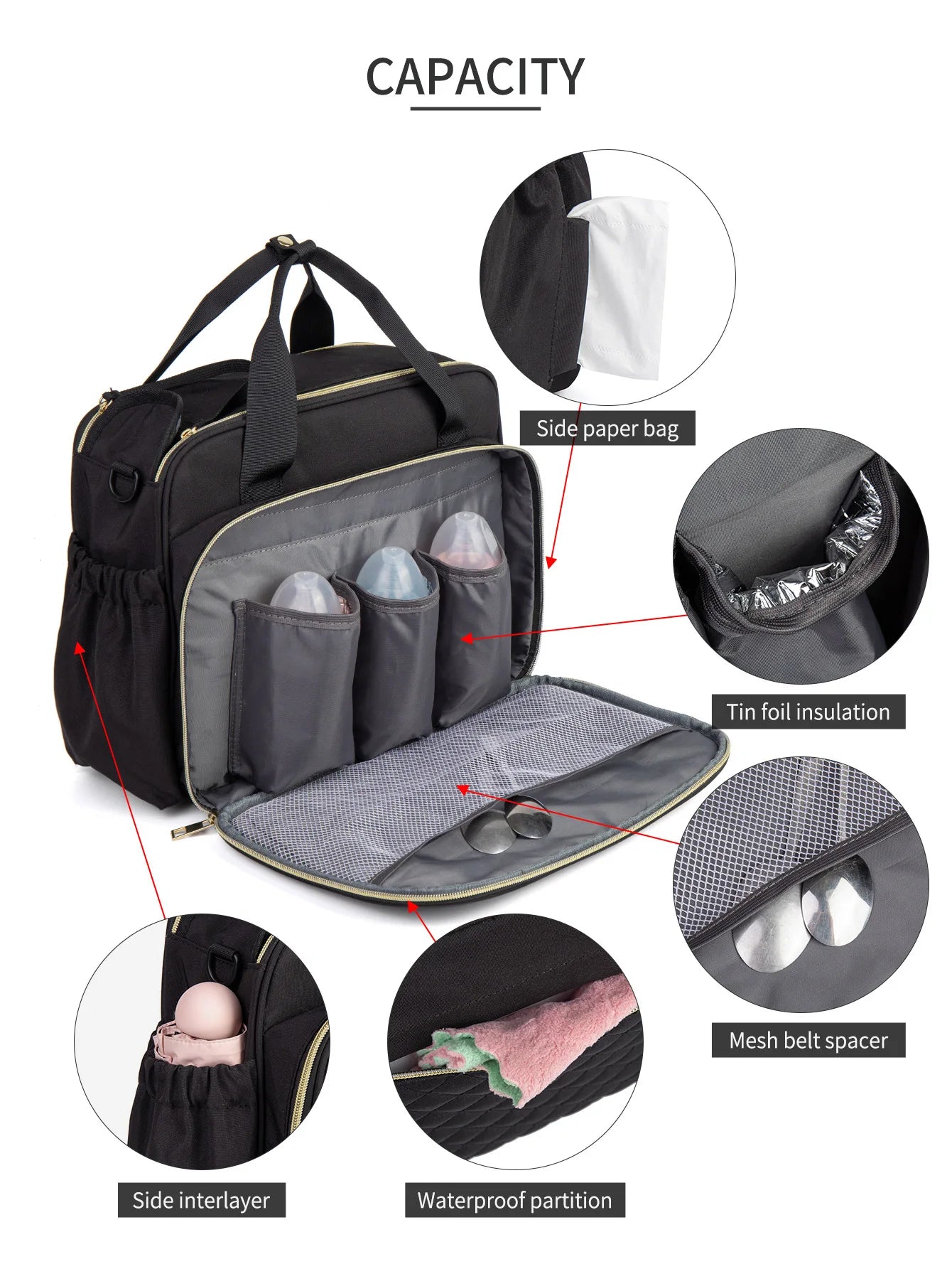 New Style Waterproof Diaper Bag Black Large Capacity Travel Bag Multifunctional Maternity Mother Baby Stroller Bags