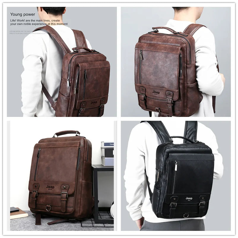 JEEP BULUO Leather Men Backpack Design Luxury Business Male 15.6" Laptop Bag Fashion Large Capacity Travel College School Bag