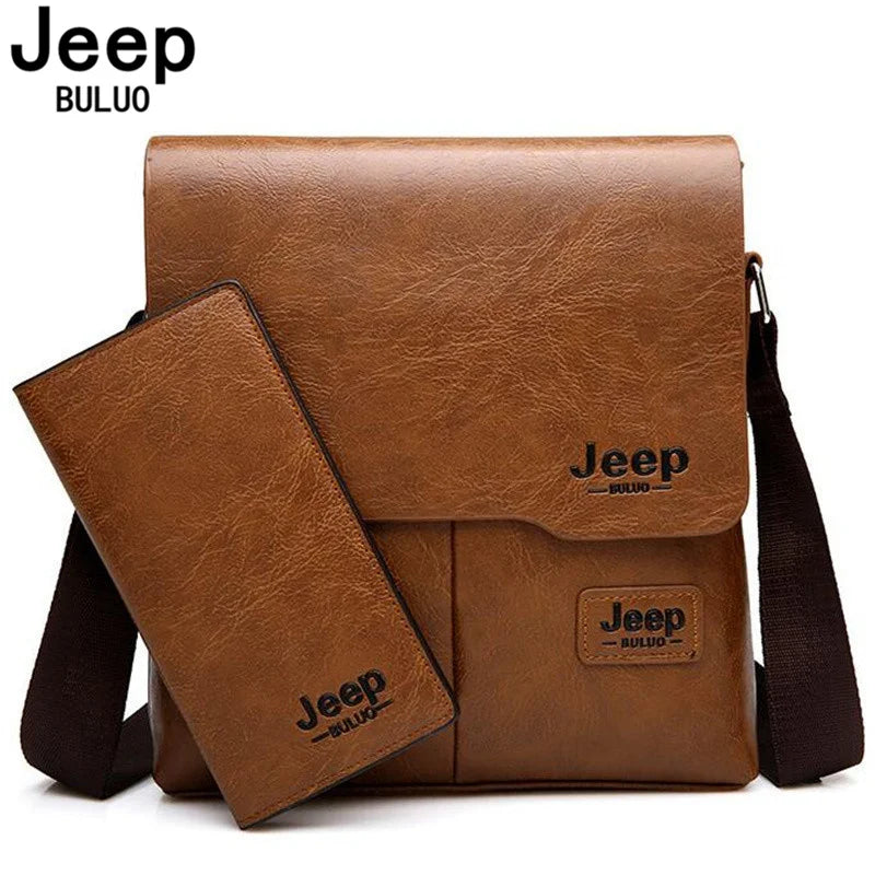 JEEP BULUO Men Bag Famous Brand 2 Pcs Set Man Leather Messenger Shouder Bag Business Travelling Bags Male Tote Cross Body Bags