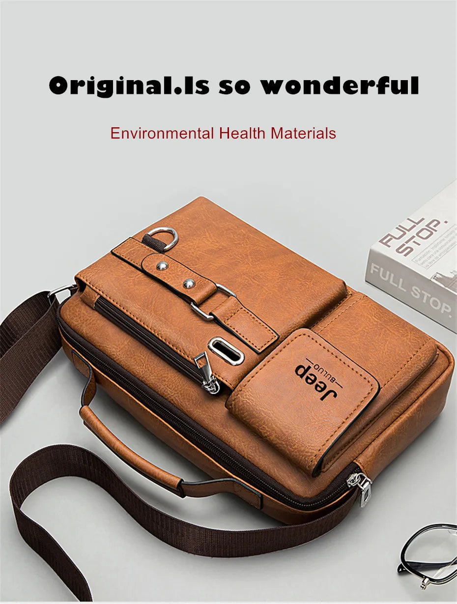 JEEP BULUO Multi-function Business Handbags Men New Man's Shoulder Bags Large Capacity Leather Messenger Bag Crossbody Big Brand