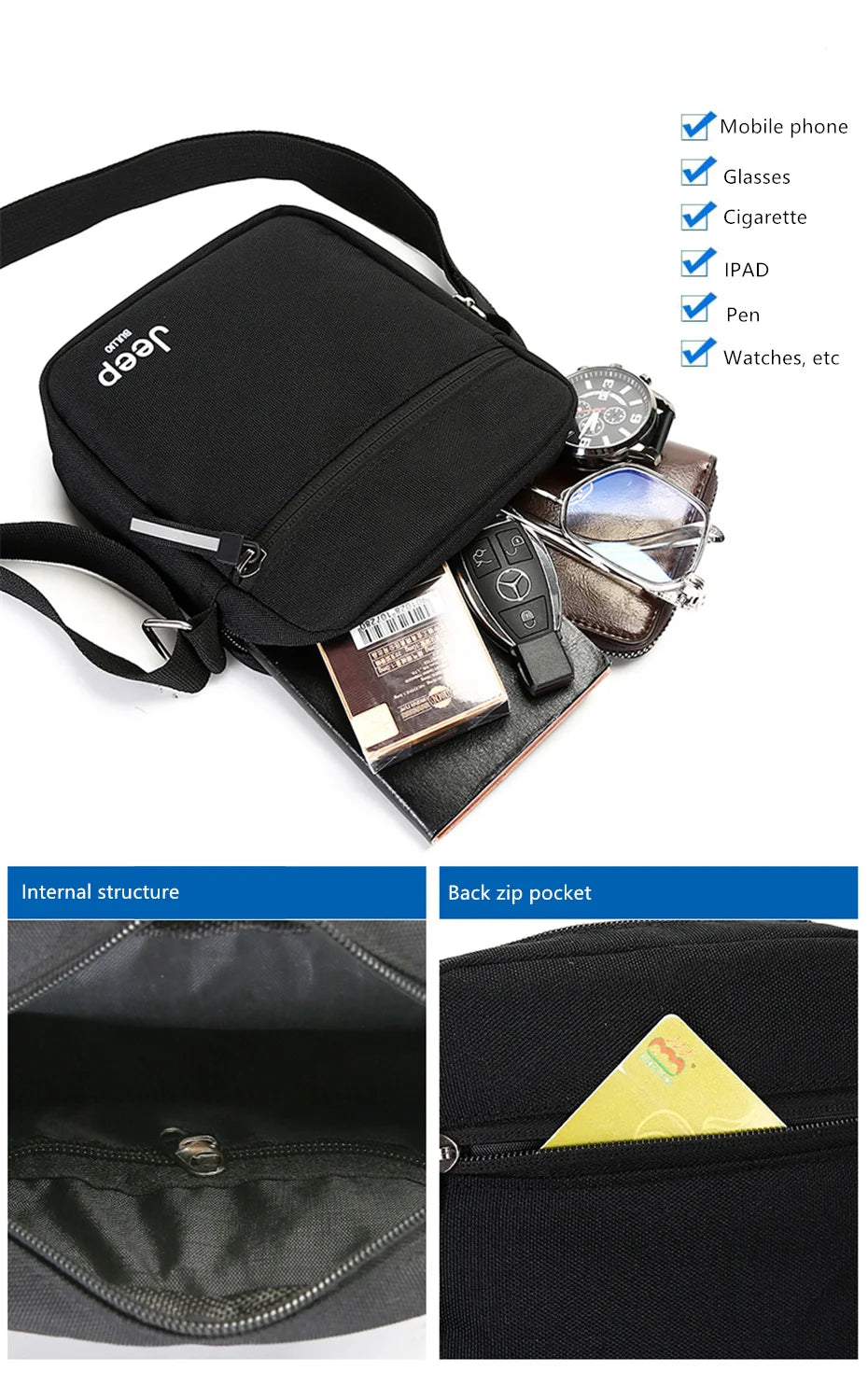 JEEP BULUO Men's Bags Crossbody Bag Messenger Waterproof Purse Nylon Zipper Shoulder Bag For Male Versatile Style