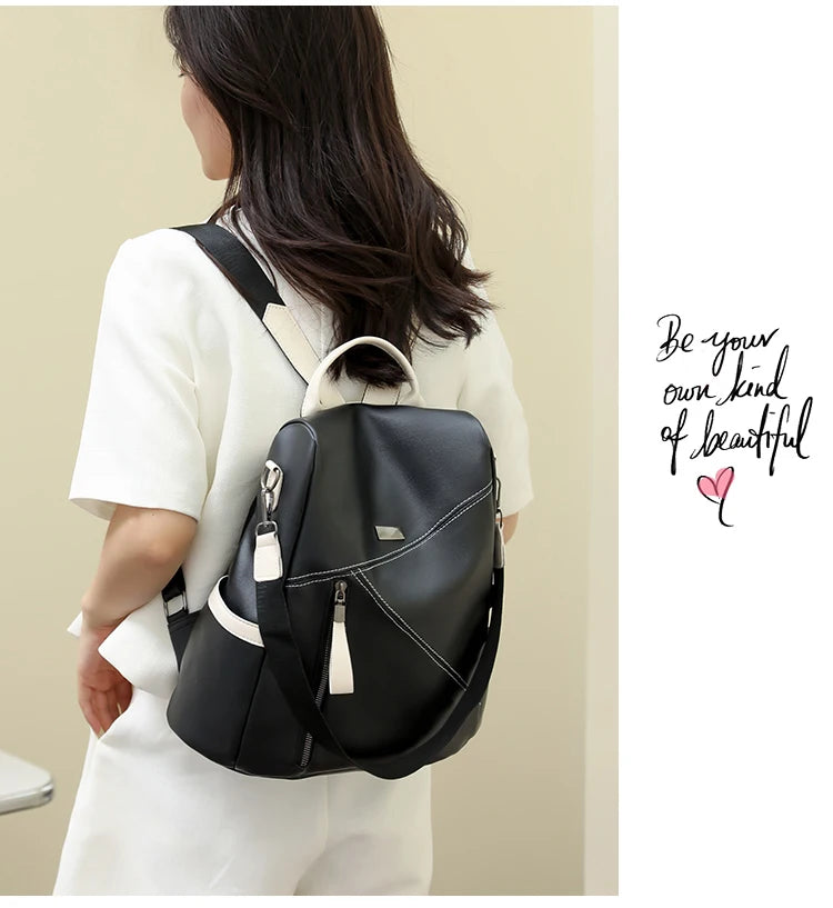 Soft Leather  Stitching Women's Backpacks Anti-theft Back Zipper Ladies School Bags Summer New Casual Single Shoulder Backpack