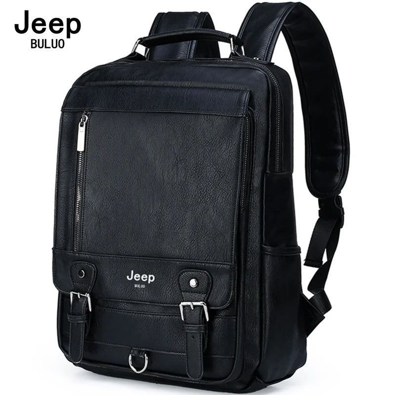 JEEP BULUO Leather Men Backpack Design Luxury Business Male 15.6" Laptop Bag Fashion Large Capacity Travel College School Bag