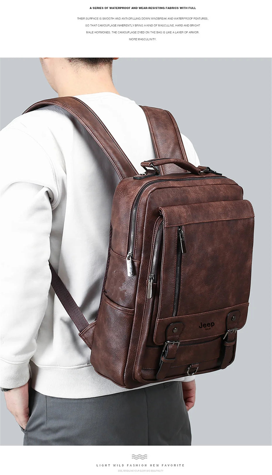 JEEP BULUO Leather Men Backpack Design Luxury Business Male 15.6" Laptop Bag Fashion Large Capacity Travel College School Bag