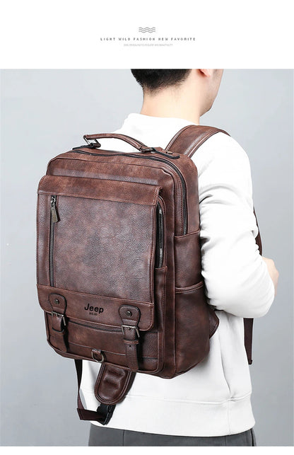 JEEP BULUO Leather Men Backpack Design Luxury Business Male 15.6" Laptop Bag Fashion Large Capacity Travel College School Bag