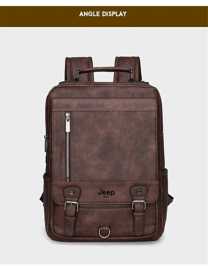 JEEP BULUO Leather Men Backpack Design Luxury Business Male 15.6" Laptop Bag Fashion Large Capacity Travel College School Bag